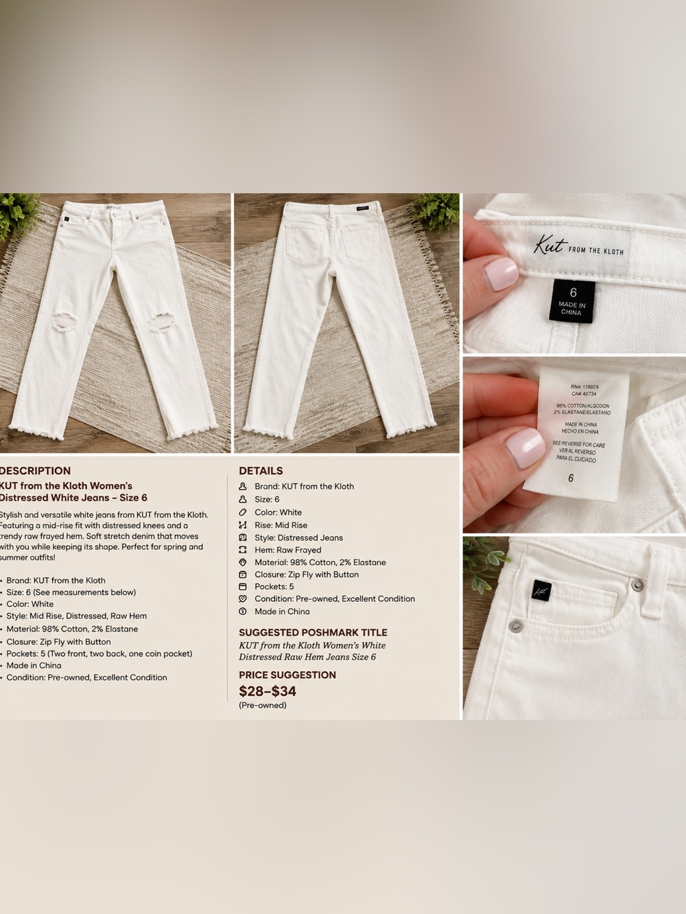 Kut from the Kloth White Distressed Raw-Hem Ankle Jeans